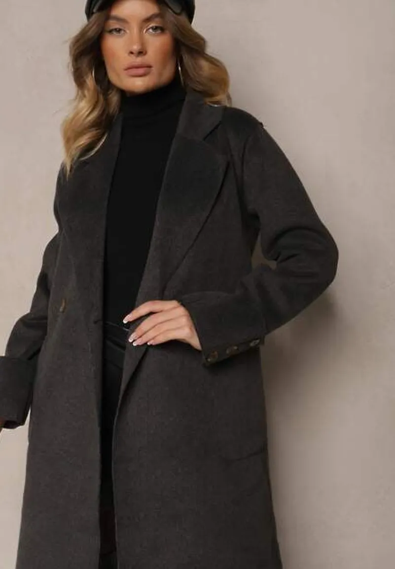 Ciemnoszary Płaszcz z Wiskozą o Dwurzędowym Kroju z Kieszeniami i Wiązanym Paskiem Ninneta