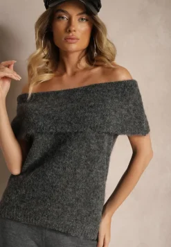 Ciemnoszary Sweter Top z Hiszpańskim Wywijanym Dekoltem z Wełną Inarose