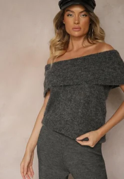 Ciemnoszary Sweter Top z Hiszpańskim Wywijanym Dekoltem z Wełną Inarose