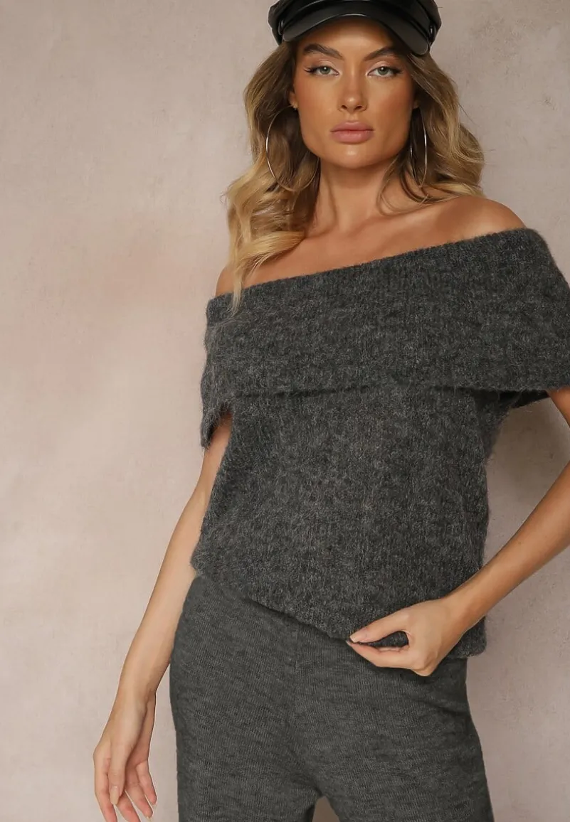 Ciemnoszary Sweter Top z Hiszpańskim Wywijanym Dekoltem z Wełną Inarose