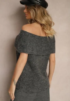 Ciemnoszary Sweter Top z Hiszpańskim Wywijanym Dekoltem z Wełną Inarose