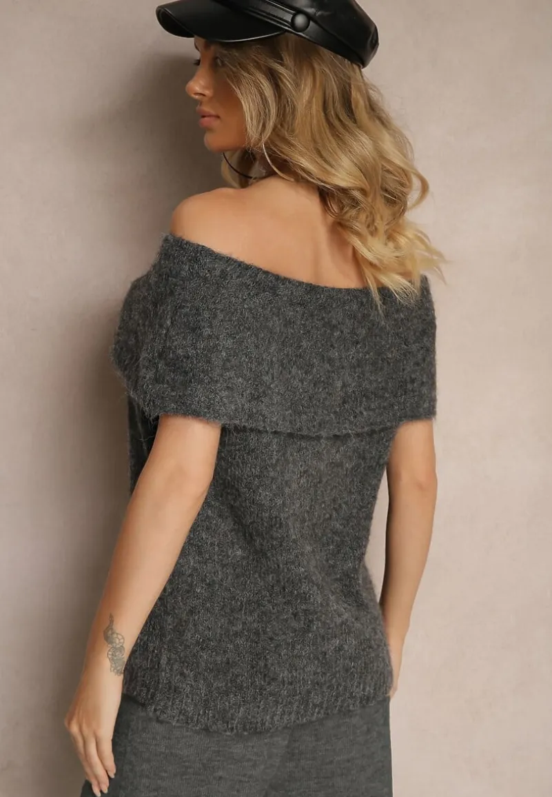 Ciemnoszary Sweter Top z Hiszpańskim Wywijanym Dekoltem z Wełną Inarose