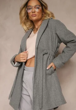 Ciemnoszary Szlafrokowy Płaszcz z Wiązanym Paskiem i Ozdobnym Marszczeniem w Pasie Pittia