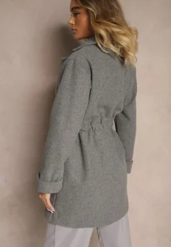 Ciemnoszary Szlafrokowy Płaszcz z Wiązanym Paskiem i Ozdobnym Marszczeniem w Pasie Pittia