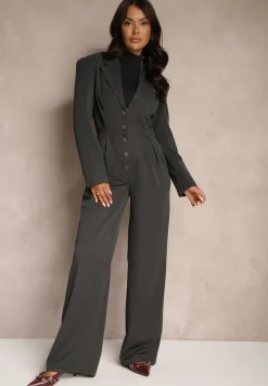Ciemnoszary Taliowany Kombinezon na Guziki w Garniturowym Stylu z Wiskozą Wide Leg Avarella