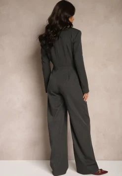 Ciemnoszary Taliowany Kombinezon na Guziki w Garniturowym Stylu z Wiskozą Wide Leg Avarella