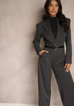 Ciemnoszary Taliowany Kombinezon na Guziki w Garniturowym Stylu z Wiskozą Wide Leg Avarella