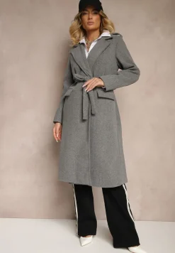 Ciemnoszary Taliowany Płaszcz z Wiązanym Paskiem Seraphique