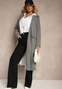 Ciemnoszary Taliowany Płaszcz z Wiązanym Paskiem Seraphique