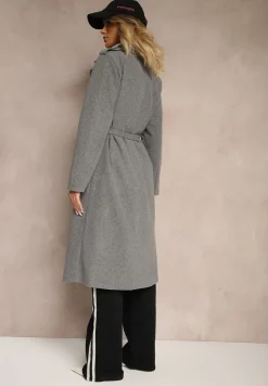Ciemnoszary Taliowany Płaszcz z Wiązanym Paskiem Seraphique