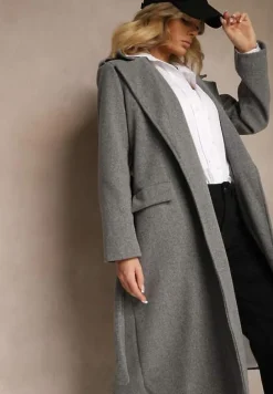 Ciemnoszary Taliowany Płaszcz z Wiązanym Paskiem Seraphique