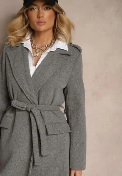 Ciemnoszary Taliowany Płaszcz z Wiązanym Paskiem Seraphique