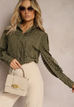 Ciemnozielona Ażurowa Koszula z Elegancką Stójką Manuella