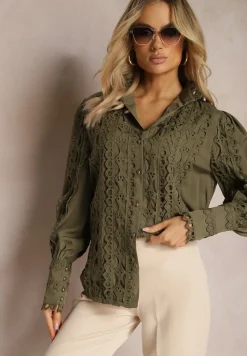 Ciemnozielona Ażurowa Koszula z Elegancką Stójką Manuella
