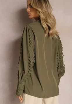 Ciemnozielona Ażurowa Koszula z Elegancką Stójką Manuella