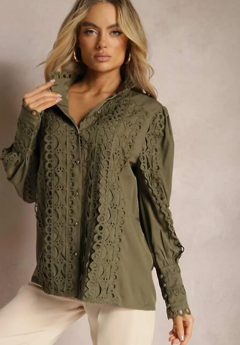 Ciemnozielona Ażurowa Koszula z Elegancką Stójką Manuella