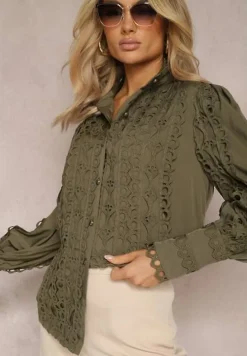 Ciemnozielona Ażurowa Koszula z Elegancką Stójką Manuella