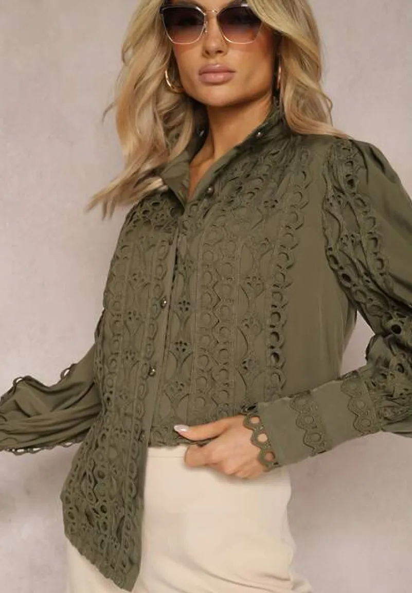 Ciemnozielona Ażurowa Koszula z Elegancką Stójką Manuella