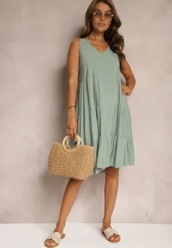 Ciemnozielona Bawełniana Sukienka o Rozkloszowanym Kroju Bez Rękawów Gladea