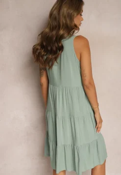 Ciemnozielona Bawełniana Sukienka o Rozkloszowanym Kroju Bez Rękawów Gladea