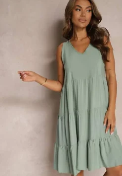 Ciemnozielona Bawełniana Sukienka o Rozkloszowanym Kroju Bez Rękawów Gladea