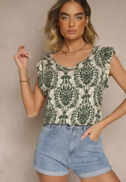 Ciemnozielona Bluzka z Bawełny Zdobiona Falbankami Uloniwen