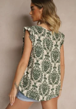 Ciemnozielona Bluzka z Bawełny Zdobiona Falbankami Uloniwen