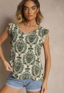 Ciemnozielona Bluzka z Bawełny Zdobiona Falbankami Uloniwen