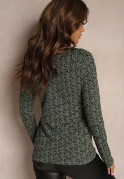 Ciemnozielona Bluzka z Bawełny Golf w Literowy Wzór Stelinne