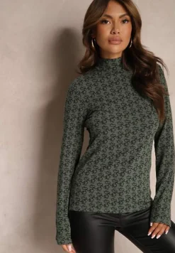 Ciemnozielona Bluzka z Bawełny Golf w Literowy Wzór Stelinne