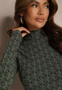 Ciemnozielona Bluzka z Bawełny Golf w Literowy Wzór Stelinne