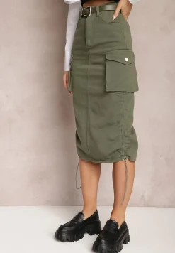 Ciemnozielona Cargo Spódnica Midi z Paskiem i Ściągaczami Timnitos