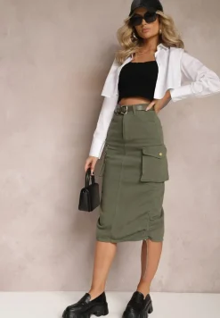 Ciemnozielona Cargo Spódnica Midi z Paskiem i Ściągaczami Timnitos