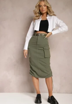 Ciemnozielona Cargo Spódnica Midi z Paskiem i Ściągaczami Timnitos