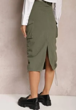 Ciemnozielona Cargo Spódnica Midi z Paskiem i Ściągaczami Timnitos