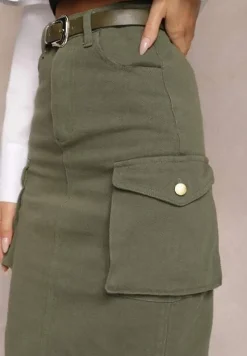 Ciemnozielona Cargo Spódnica Midi z Paskiem i Ściągaczami Timnitos