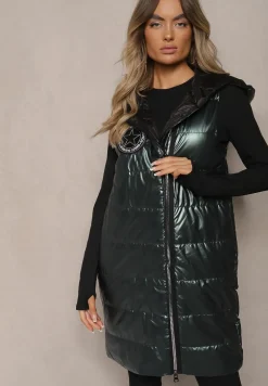 Ciemnozielona Długa Kamizelka Pikowana z Naszywką i Kapturem Mevianis