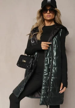 Ciemnozielona Długa Kamizelka Pikowana z Naszywką i Kapturem Mevianis