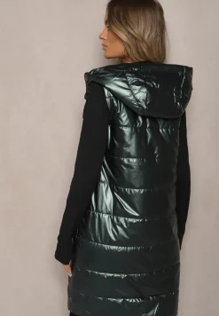 Ciemnozielona Długa Kamizelka Pikowana z Naszywką i Kapturem Mevianis