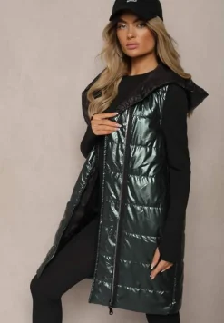 Ciemnozielona Długa Kamizelka Pikowana z Naszywką i Kapturem Mevianis