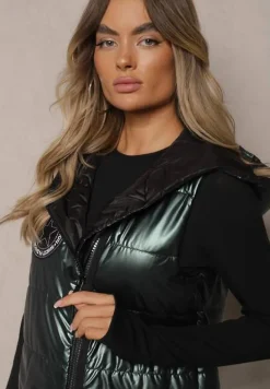 Ciemnozielona Długa Kamizelka Pikowana z Naszywką i Kapturem Mevianis