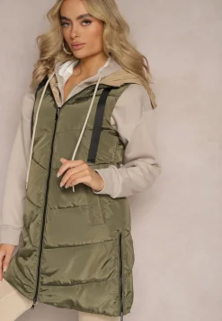 Ciemnozielona Długa Kamizelka Pikowana Dwustronna ze Sznurkami przy Kapturze Frenila