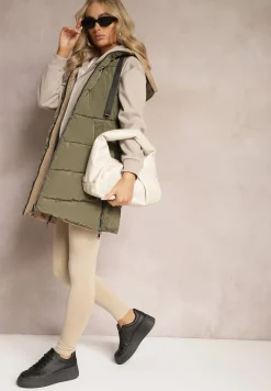 Ciemnozielona Długa Kamizelka Pikowana Dwustronna ze Sznurkami przy Kapturze Frenila