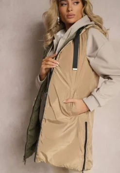 Ciemnozielona Długa Kamizelka Pikowana Dwustronna ze Sznurkami przy Kapturze Frenila