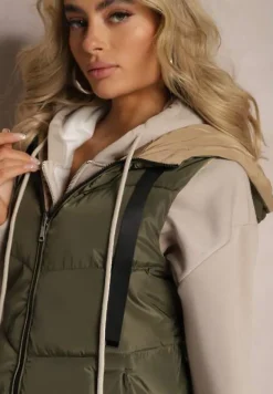 Ciemnozielona Długa Kamizelka Pikowana Dwustronna ze Sznurkami przy Kapturze Frenila