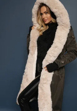 Ciemnozielona Długa Kurtka Parka Nylonowa Płaszcz z Futrzanymi Wstawkami Rinale