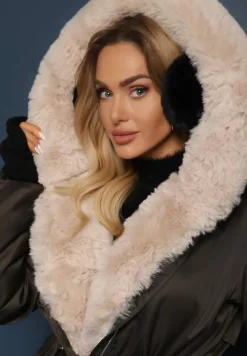 Ciemnozielona Długa Kurtka Parka Nylonowa Płaszcz z Futrzanymi Wstawkami Rinale