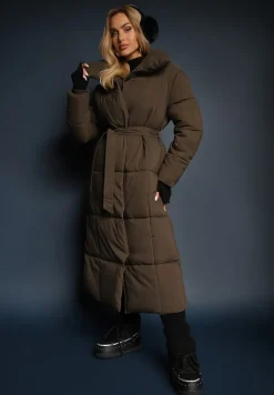 Ciemnozielona Długa Kurtka Pikowana Płaszcz z Paskiem Adellesstta