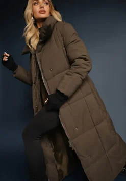 Ciemnozielona Długa Kurtka Pikowana Płaszcz z Paskiem Adellesstta