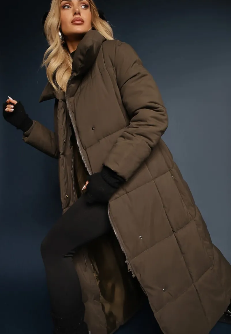 Ciemnozielona Długa Kurtka Pikowana Płaszcz z Paskiem Adellesstta